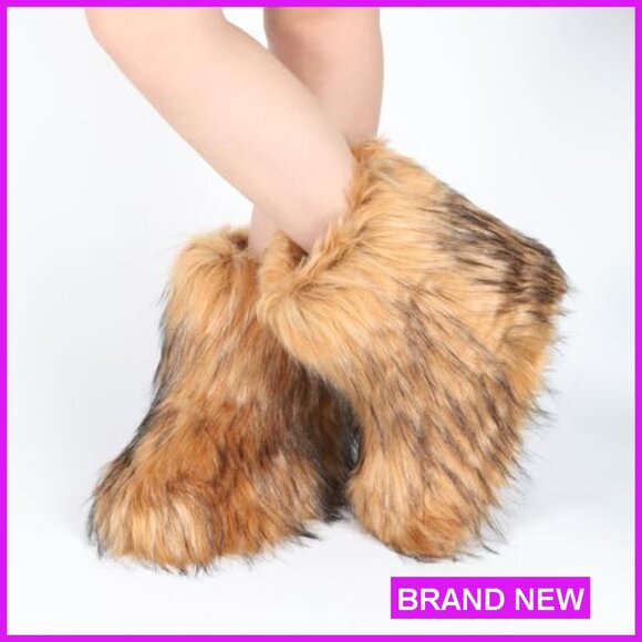 Faux Fur Snow Boots Mid-Calf Winter Warm Fuzzy Fluffy Comfortable Outdoor Shoes - Picture 6 of 7
